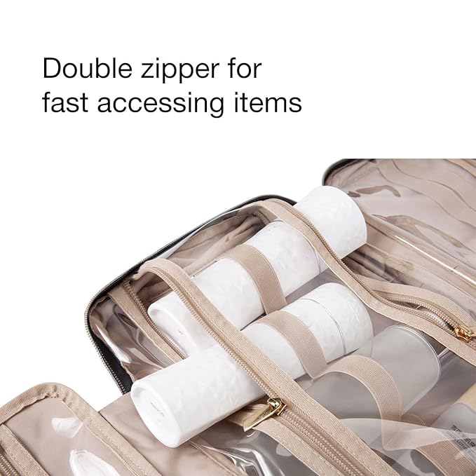 BAGSMART Toiletry Bag Travel Bag with Hanging Hook, Water-resistant Makeup Cosmetic Bag Travel Organizer for Accessories, Shampoo, Full-size Container, Toiletries (Khaki Checkerboard, Large)