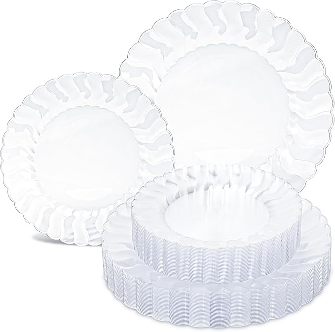 Lullaby 60PCS Clear Scalloped Plastic Plates, Disposable Elegant Party Plates Include 30pcs Dinner Plate 10.25", 30pcs Plastic Dessert Plate 7.5", Perfect for Wedding and Party