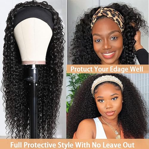 Headband Wig Human Hair Curly Wigs for Black Women 22 inch Wigs Human Hair Glueless Wear and Go None Lace Front Wig Headband Wigs Machine Made 180% Density Natural Color