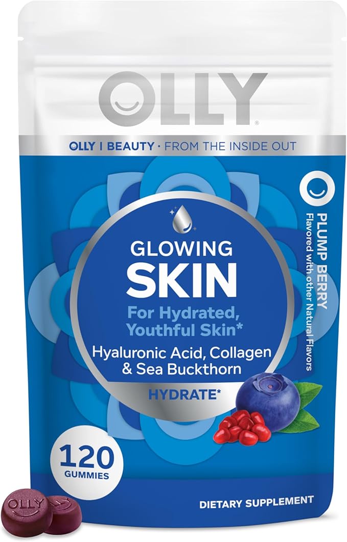 OLLY Glowing Skin Collagen Gummy, Hydrated, Youthful Skin, Hyaluronic Acid, Sea Buckthorn, Chewable Supplement, Berry, 60 Day Supply - 120 Count Pouch