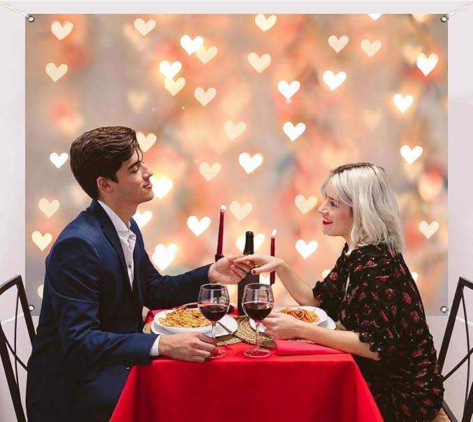 Romantic Happy Anniversary Backdrop Banner Gold Heart Light Decorations for Couples Date Night Wedding Engagement Birthday Party Photo Booth Background 8x6ft (96×72inch