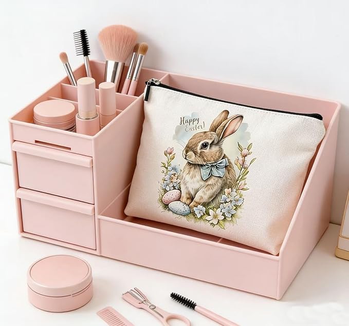GRITOSE Happy Easter Small Makeup Bag Women Girls Cosmetic Bag Party Gift with Funny Bunny desigsn Easter Accessories for Lovers Mother Friend Student Travel Pouch with Zipper