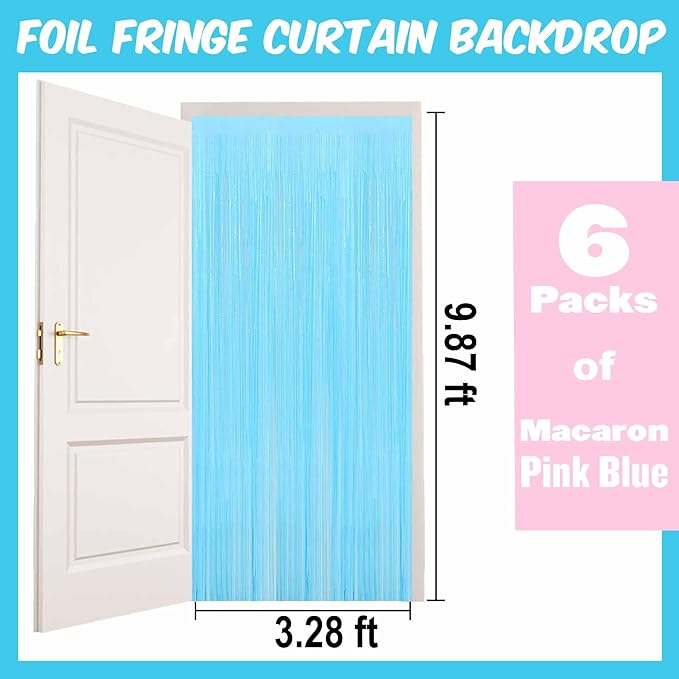 6 Pack Macaron Pink Blue Foil Fringe Curtains Backdrop, 3.28 x 9.8 Ft Metallic Streamers Tinsel Curtains Background for Photo Booth, Birthday, Halloween, Christmas, New Year Party Decorations
