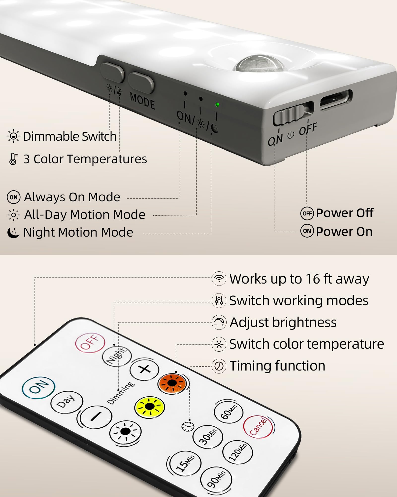 EZVALO 6-Pack Under Cabinet Lighting, 2000mAh Rechargeable Wireless Motion Sensor Lights, 62LEDs, 3 Color Temps, Dimmable, Timer, Magnetic, with Remote Control for Kitchen, Closet, Stair