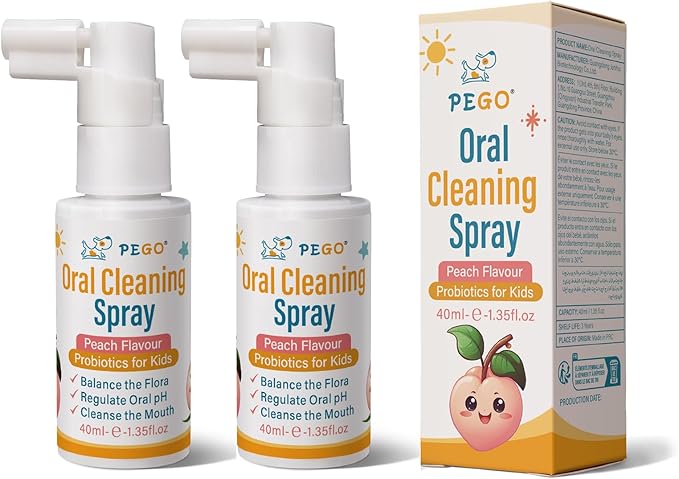 PEGO Kids Oral Spray, Toddler Toothpaste Helper for Fresh Breath，Kid's Mouth Spray with Fluoride Free for Newborn to 12 Years (2Pack, Peach)