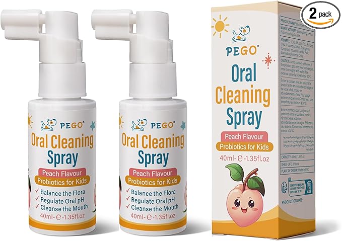 PEGO Kids Oral Spray, Toddler Toothpaste Helper for Cavity Prevention and Fresh Breath, Children Anticavity with Fluoride Free for Newborn to Preschoolers, Kid's Mouth Spray (40ml*2, Peach)