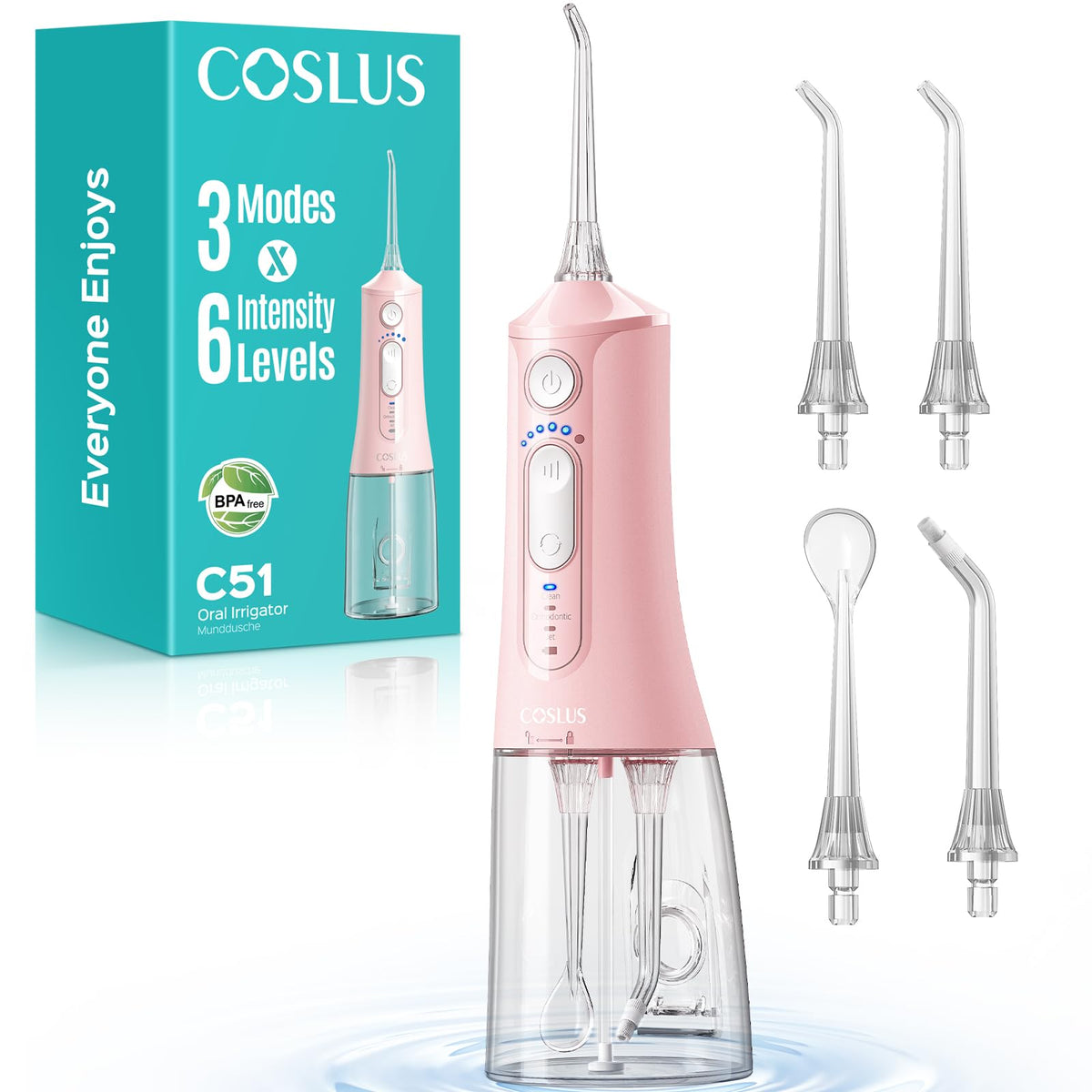 COSLUS C51 Portable Water Flosser for Teeth: 3 Modes & 6 Pressure Settings with Jet Mode Water Dental Pick for Orthodontic, Braces, Sensitive Gums, Compact for Travel, for Multiple Users, ADA Accepted