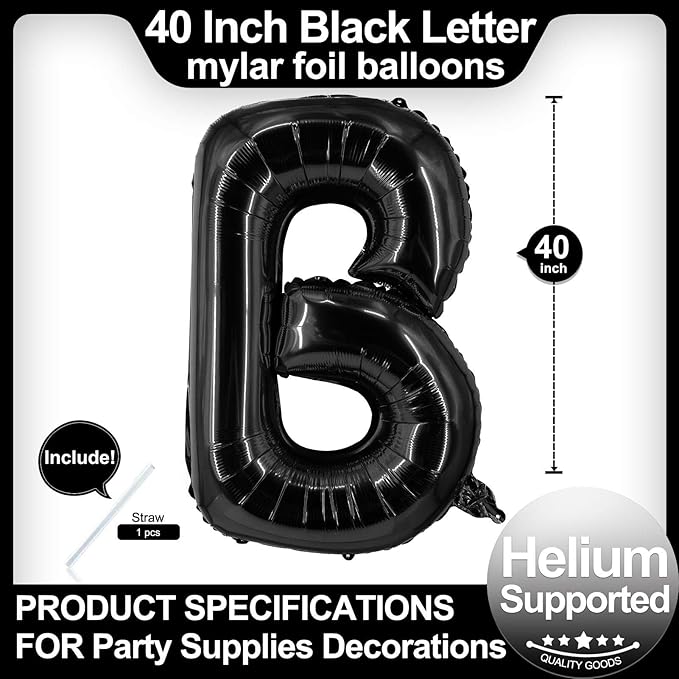 40 Inch Black Letter B Balloons, DIY Phrase Foil Alphabet Letter B Balloons DIY Word B Banner for Birthday Anniversary Celebration Graduation Party Supplies Decoration