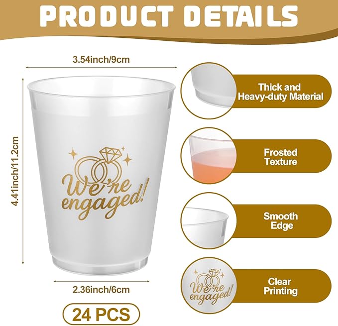 Yungyan 24 Pcs 16 oz We Are Engaged Party Cups Cute Bride Engagement Reusable Plastic Frosted Cups for Bachelorette Party Supplies Favors Wedding Bridal Shower Decoration