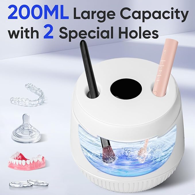 MySmile Ultrasonic Retainer Cleaner- 45kHz Denture Cleaner Machine with 200ML Capacity for Aligner, Mouth Guard, Braces, Portable Dental Cleaning Pod with 2 Mode Digital Timer for Home, Travel (WHITE)