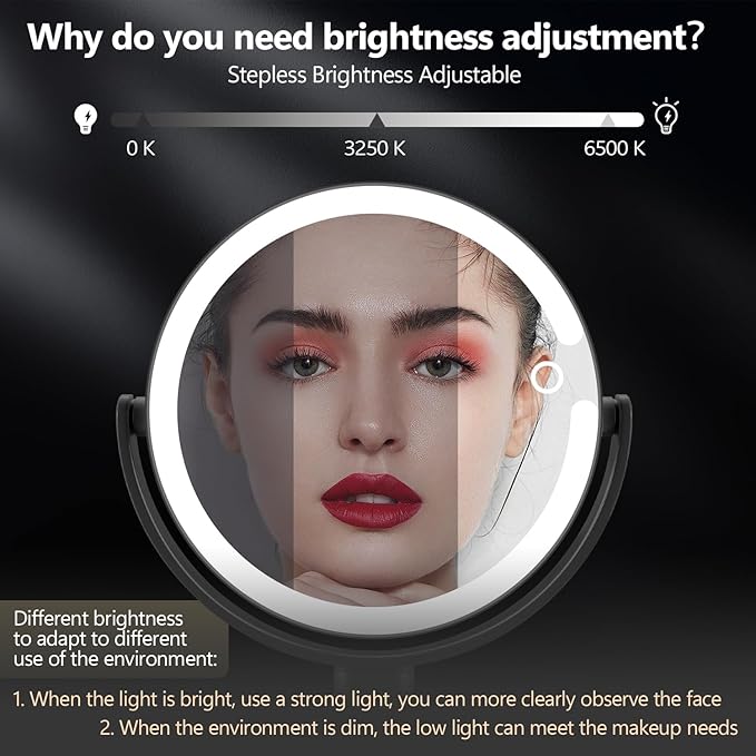 MIYADIVA Makeup Mirror with Lights,20X Magnifying Mirror with Light and Touch Switch,Vanity Mirror with 3 Color Light and 80 LEDs,2-Sided Lighted Magnified Mirrors 8.8 Inches, Black