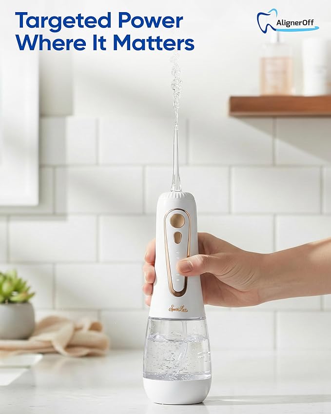 Aligner Off Sparklux Jet Water Flosser - Cordless & Rechargeable, Waterproof Design, Ideal for Teeth, Braces & Gum Care, Sleek White Finish with Rose-Gold Trim - FSA Eligible