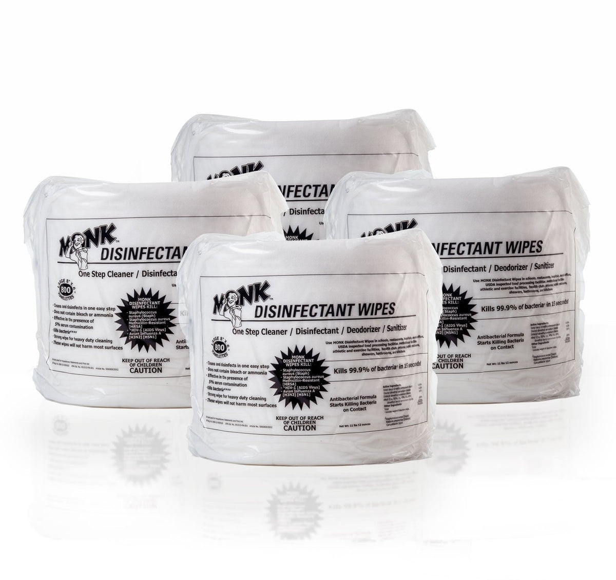 Monk Disinfecting Wipes, One Step Cleaner, Disinfectant, Deodorizer & Sanitizer, 4 Refill Packs of 800 Count, Great for Home & Corp Gyms, Yoga Mats, Dance Studios, Spinning Classes & More