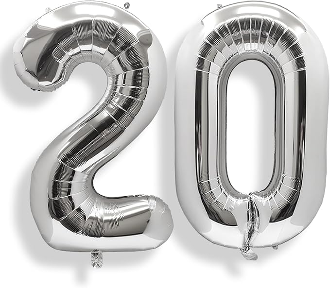 AULE 40 Inch Large 20 Balloon Numbers Silver, Big Foil Number Balloons, Giant Helium Happy 20th Birthday Party Decorations for Man and Women, Huge Mylar Anniversary Party Supplies