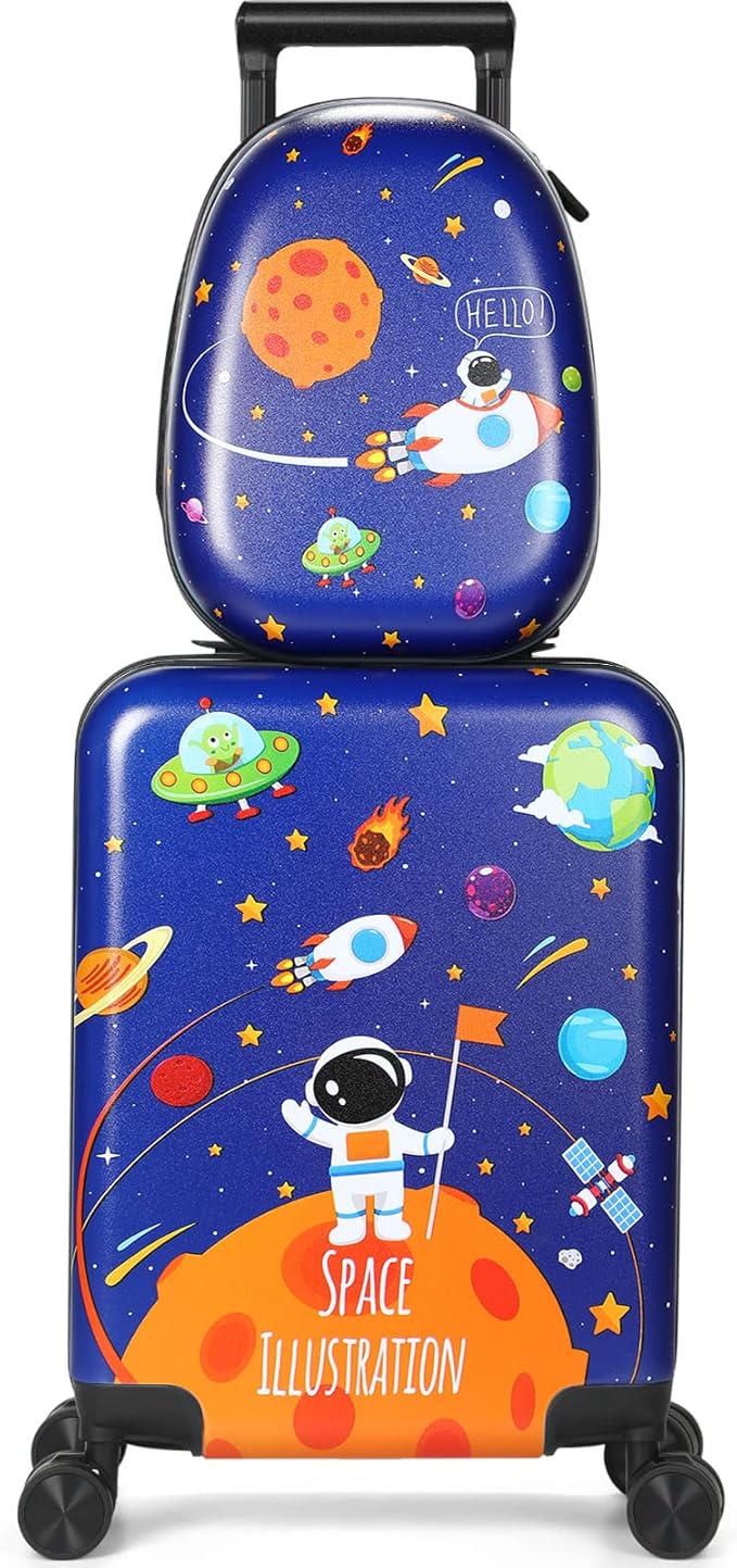 Weewooday Kids Luggage and Backpack 18" Suitcase with Spinner Wheel Hard Case Travel 13" Backpack Girl Suitcase Set for Kids Travel Supplies(Blue,Spaceman Style)