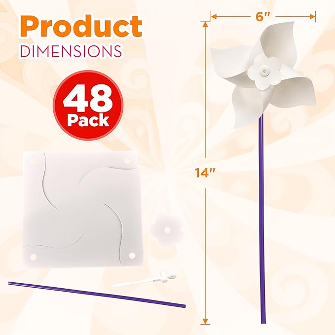 4E's Novelty DIY Pinwheels Craft for Kids (48 Pack) Color Your Own White Pinwheels, Bulk Summer Spring Craft Kit for Boys & Girls, Arts and Craft Party Activity, Church Easter Crafts