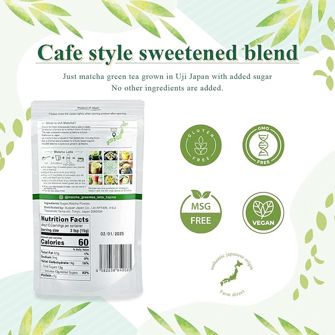 BJDesign Matcha Latte Powder “HAJIME” Sweetened Matcha Green Tea Powder - Authentic Japanese Origin - Non MSG, Non GMO, Vegan, Gluten Free (5.3 Ounce)