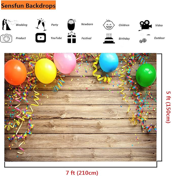 Sensfun 7x5ft Wood Photography Backdrop Colorful Carnival Balloons Streamers on Rustic Wooden Board Photo Background for Happy Birthday Party Cake Table Photobooth Banner Photo Studio Props(WP045)