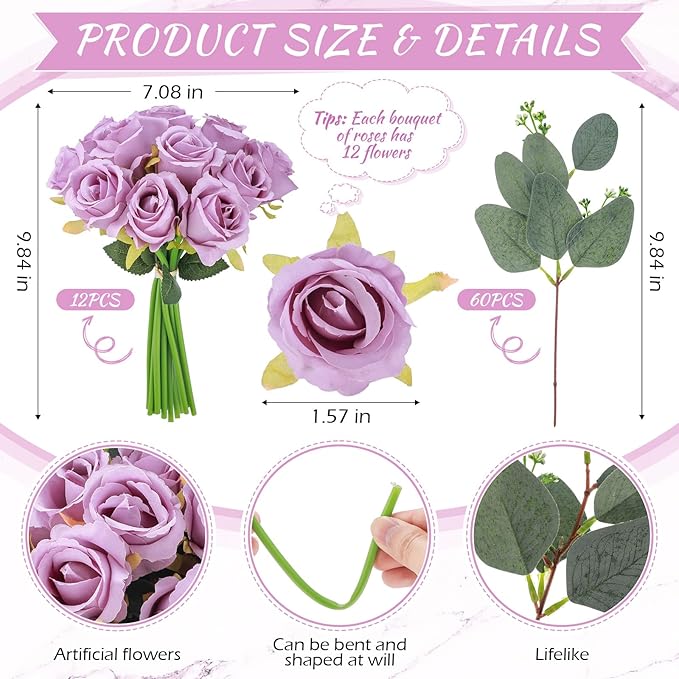 Zeyune 12 Bunches Wedding Bridesmaids Bouquets 144 Heads 7 Inch Artificial Rose Bouquets Silk Fake Flower Bulk with Stems for Valentine's Day Wedding Bridal Shower Home Party Decor(Purple)