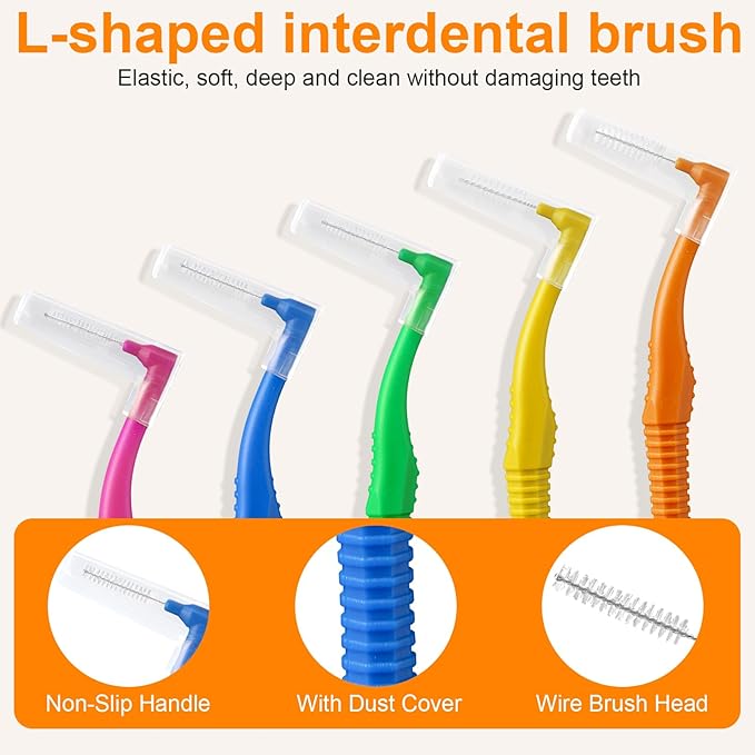 50 Count L Shaped Interdental Brushes, 5 Colors Braces Flossers, Gentle Toothpick Brush for Braces, Tight Spaces, Family Oral Care