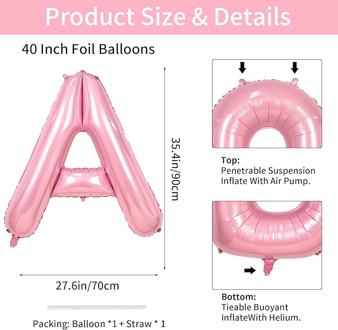 Biapian 40 Inch Letter Balloons - Giant Pink Letter A Balloon for Girls Women Birthday Party Decoration