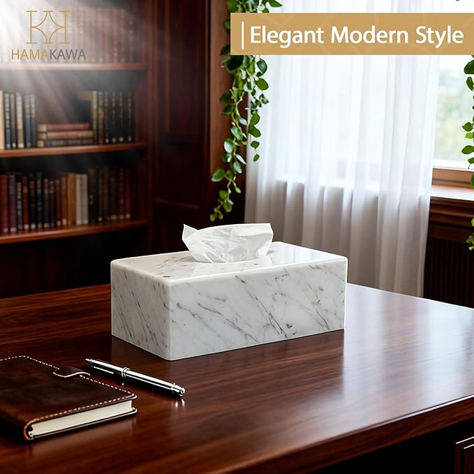 Natural Marble Tissue Box Cover, Carrara White Tissue Organizer 10 x 5.7 x 3.5 inch, Heavy Stone Decorative Box, Rectangle Tissue Box Holder for Home Decor, Kitchen, Bathroom, Bedroom