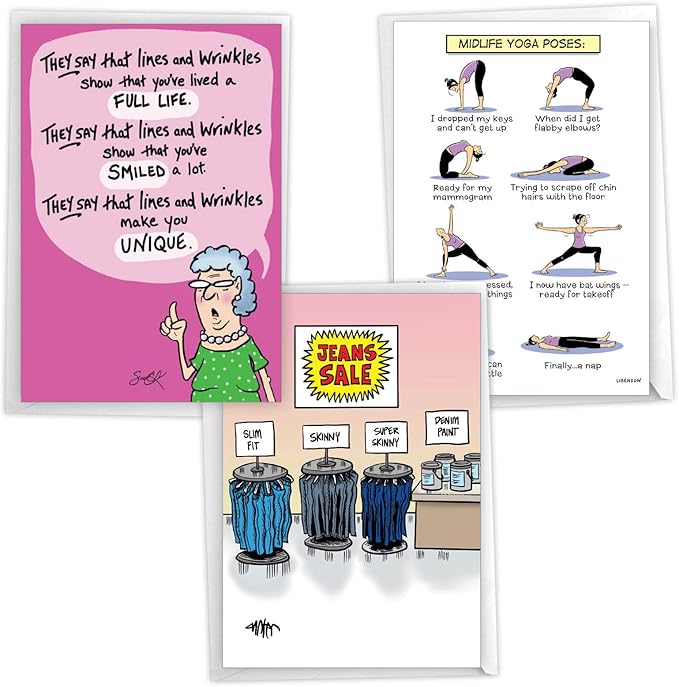 NobleWorks Assortment Pack of 3 Humorous Birthday Greeting Cards with Envelopes (3 Designs, 1 Each) Laughs for Ladies VC7960BDG-C1x3