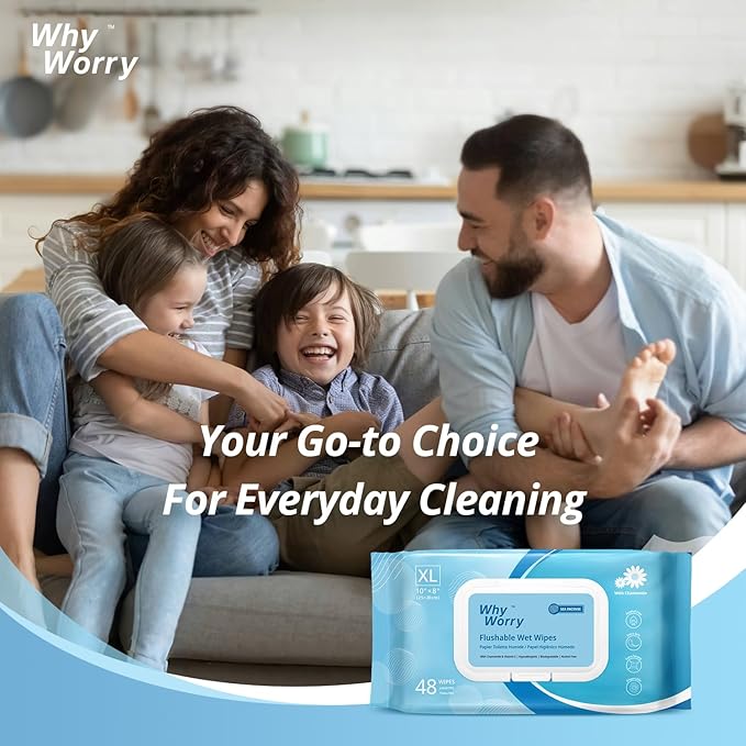 WhyWorry Flushable Wipes for Adults, Extra Large 8"x10" Butt Wipes for Toilet & Personal Cleansing, Chamomile and Vitamin E, 100% Plant-Based, Septic & Sewer Safe, Sea Incense, 144 Count (3 Packs)