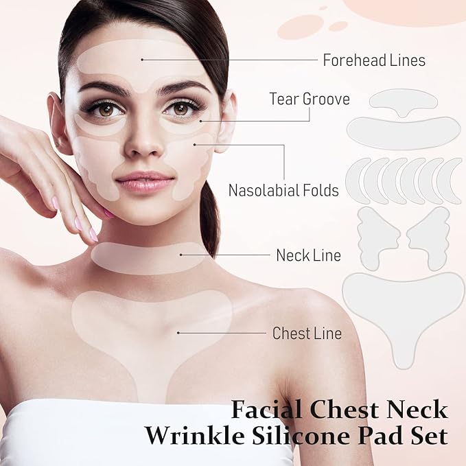 Maitys 32 Pcs Facial Chest Neck Silicone Pad Reusable Face Forehead Patches Facial Sleeping Mask Cover for Smoothing Chest Neck Forehead Eye Mouth (Gold,Gold)