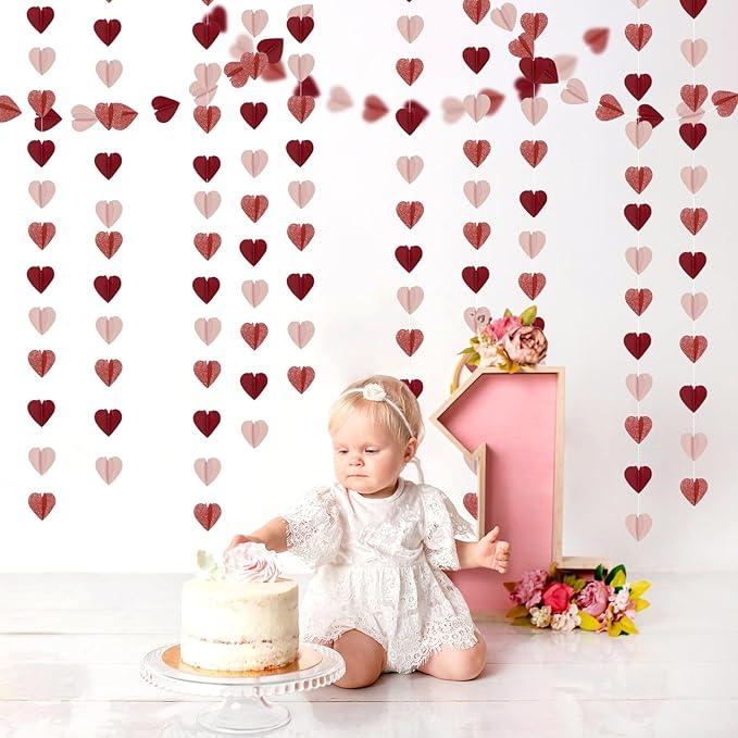 Rose-Gold Pink Burgundy-Red 3D-Heart Garland - 39Ft Galentines Valentines Day Party Decorations Hanging Paper Streamers Banner,Engagement Wedding Bachelorette Baby Bridal Shower Decor Ouruola