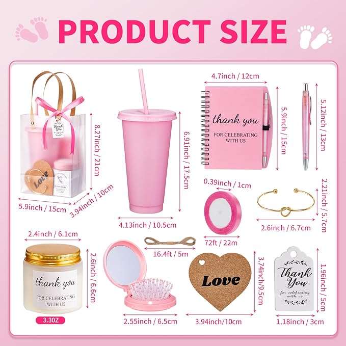 56Pcs Baby Shower Prizes for Game Winners Baby Shower Favors Gifts including Plastic Tumbler Notebook Scented Candles Ballpoint Pen Mirrors with Hair Brushes Bracelet Gift Bag (Pink)