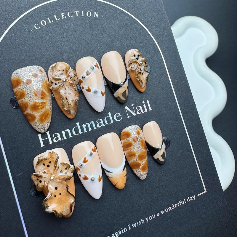 100% Handmade Press on Nails Fall Medium Almond Handmade Nails with Rhinestone Flower Charm Design Brown False Nails Leopard Print Nail Press ons Reusable Acrylic Nail for Women Girls Size L 10Pcs