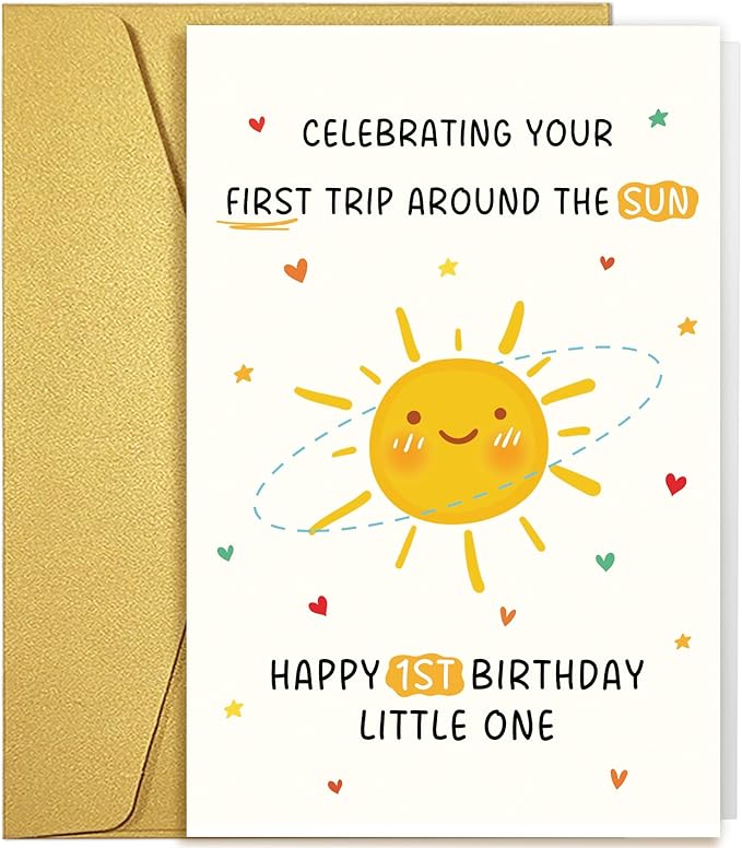 Qiliji First Birthday Card for Baby Boy or Girl, Happy 1st Birthday Card for Daughter Son Granddaughter Grandson Niece Nephew, Celebrating Your First Trip Around the Sun Little One