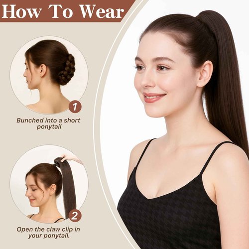 TESSHAIR Claw Clip In Ponytail Extension, 100% Human Hair Ponytail Extension, No Tangle & Smooth, 105g, 14 Inch #Medium Brown & Dark Blonde