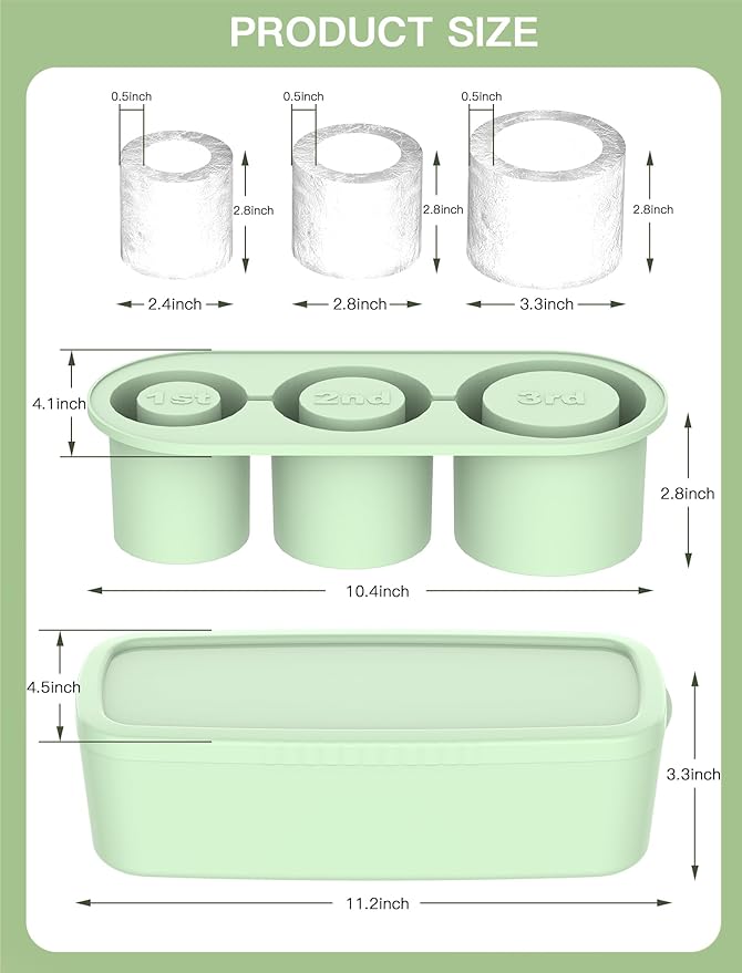Ice Cube Tray for Tumbler Cup 30Oz-40Oz, 3 Pcs Silicone Cylinder Ice Mold with Lid and Bin for Freezer, Easy Fill and Release Ice Maker for Whiskey, Cocktail BPA-Free (Green, 40Oz-Type1)