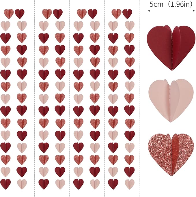 Rose-Gold Pink Burgundy-Red 3D-Heart Garland - 39Ft Galentines Valentines Day Party Decorations Hanging Paper Streamers Banner,Engagement Wedding Bachelorette Baby Bridal Shower Decor Ouruola