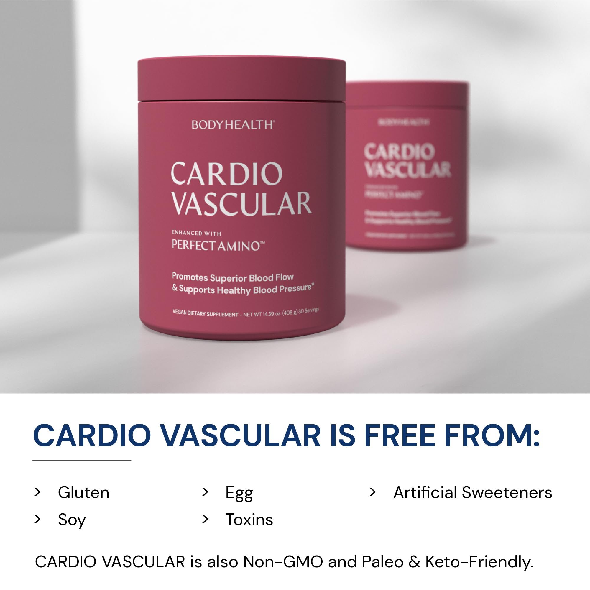 BodyHealth Cardio Vascular with PerfectAmino, Blood Flow and Heart Health Supplement Support with CoQ10, Nicotinamide Riboside, Resveratrol and D-Ribose, Chocolate Flavor, 30 Servings