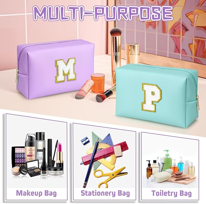 TOPEAST Birthday Gifts for Girls, Travel Makeup Bag Chenille Letter Pouch Cosmetic Bag, Makeup Travel Organizer, Monogrammed Bridesmaid Gifts for Women, Cute Stuff for Girls (Purple J)