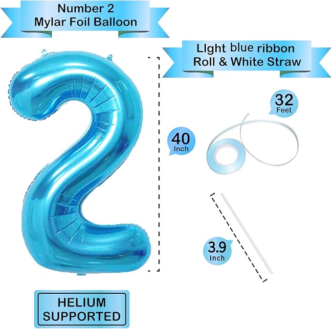 Blue 2 Number Balloon, 40 Inch, Mylar Foil, for Birthday Party Decoration, Unisex, Includes Ribbon & Straw