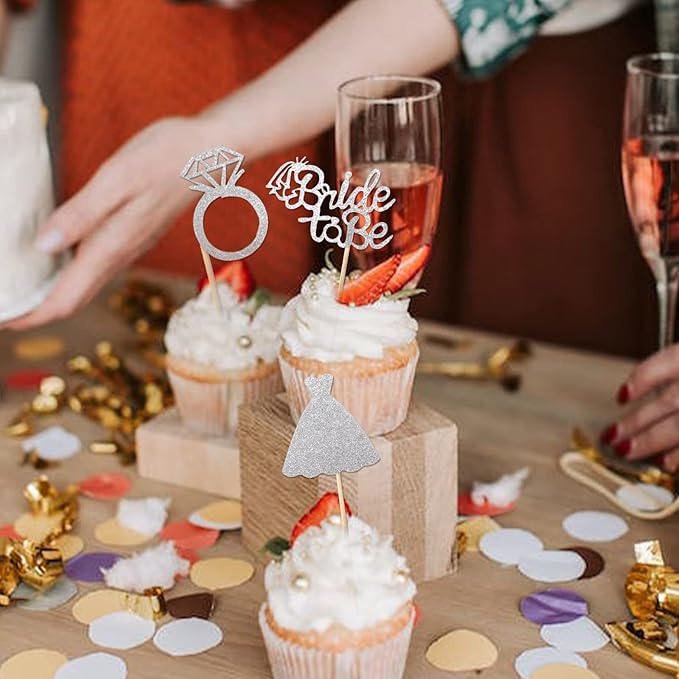 24 Pcs Glitter Bride Cupcake Toppers Silver Bridal Shower Cupcake Picks with Heart Ring Dress for Wedding Engagement Anniversary Party Cake Decorations