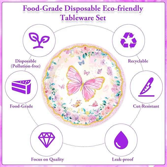 Pink Butterfly Birthday Party Supplies Tableware Sets,Includes Disposable Plates, Napkins, Cups,Straws,Cutlery, Balloons, Banner, and Tablecloth for Party Baby Shower Birthday Decorations,Serves 20