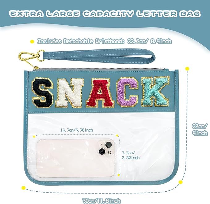 Chenille Letter Clear Travel Zipper Pouch Nylon Makeup Bag, Preppy Makeup Bag Clear Cosmetic Toiletry Bag, Water-proof Makeup Travel Pouch Snack Bags for Women (Blue-Snack)