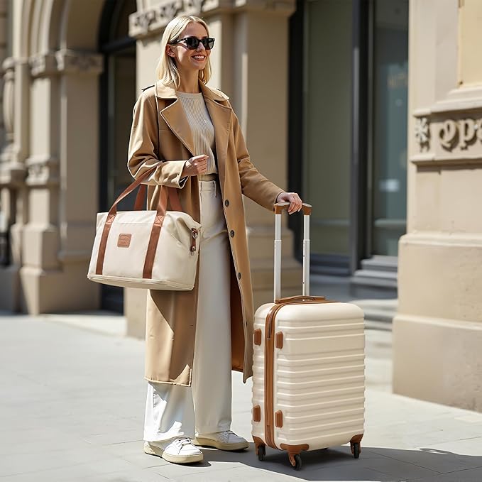 Coolife 3 Piece Luggage Set Carry On Suitcase with Hardside Durable TSA Lock Spinner Wheels (Apricot White, DB/TB/20)