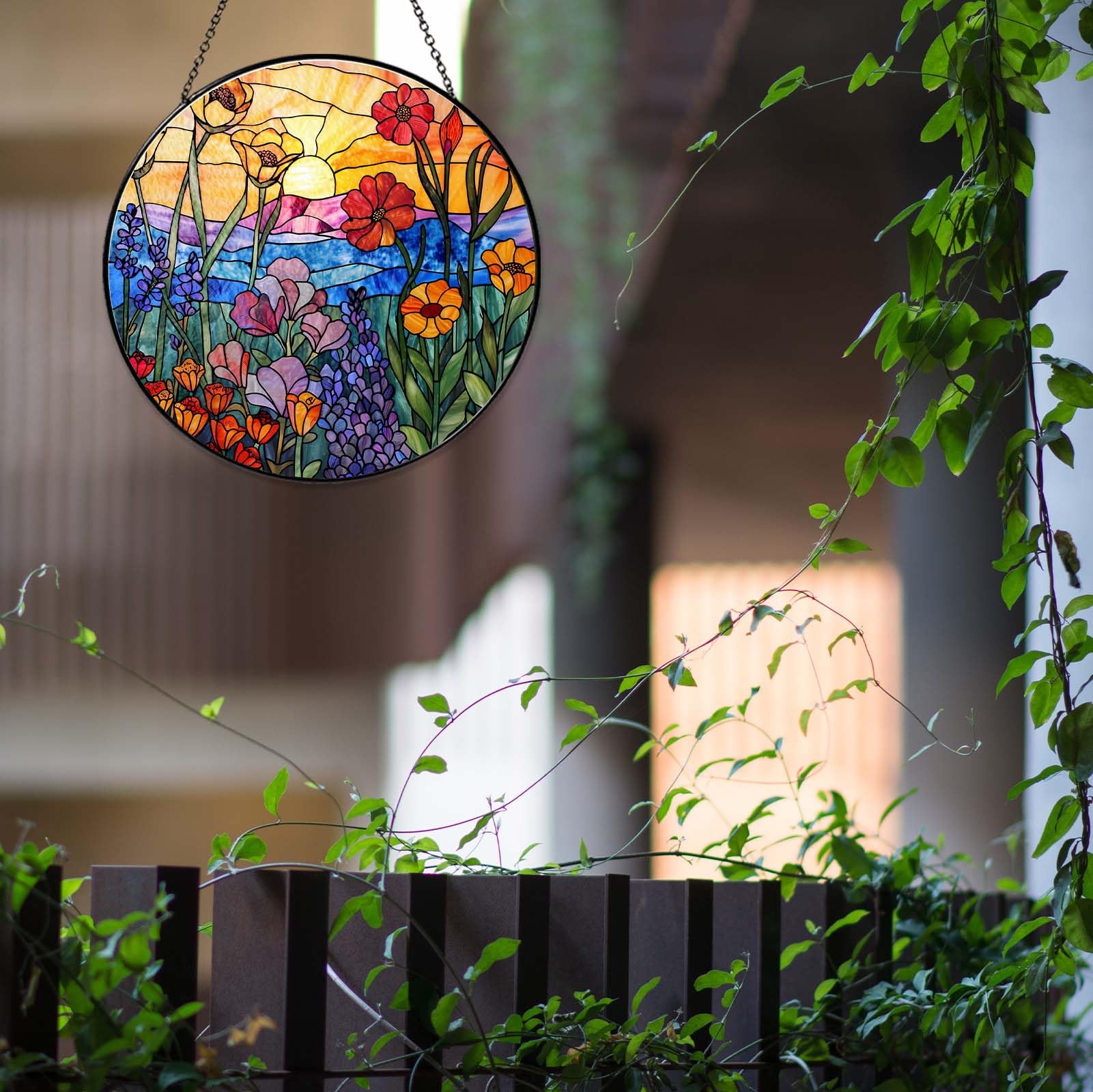 RVEAFA Wildflowers Stained Glass Suncatcher for Window, 7.8in Hanging Decor
