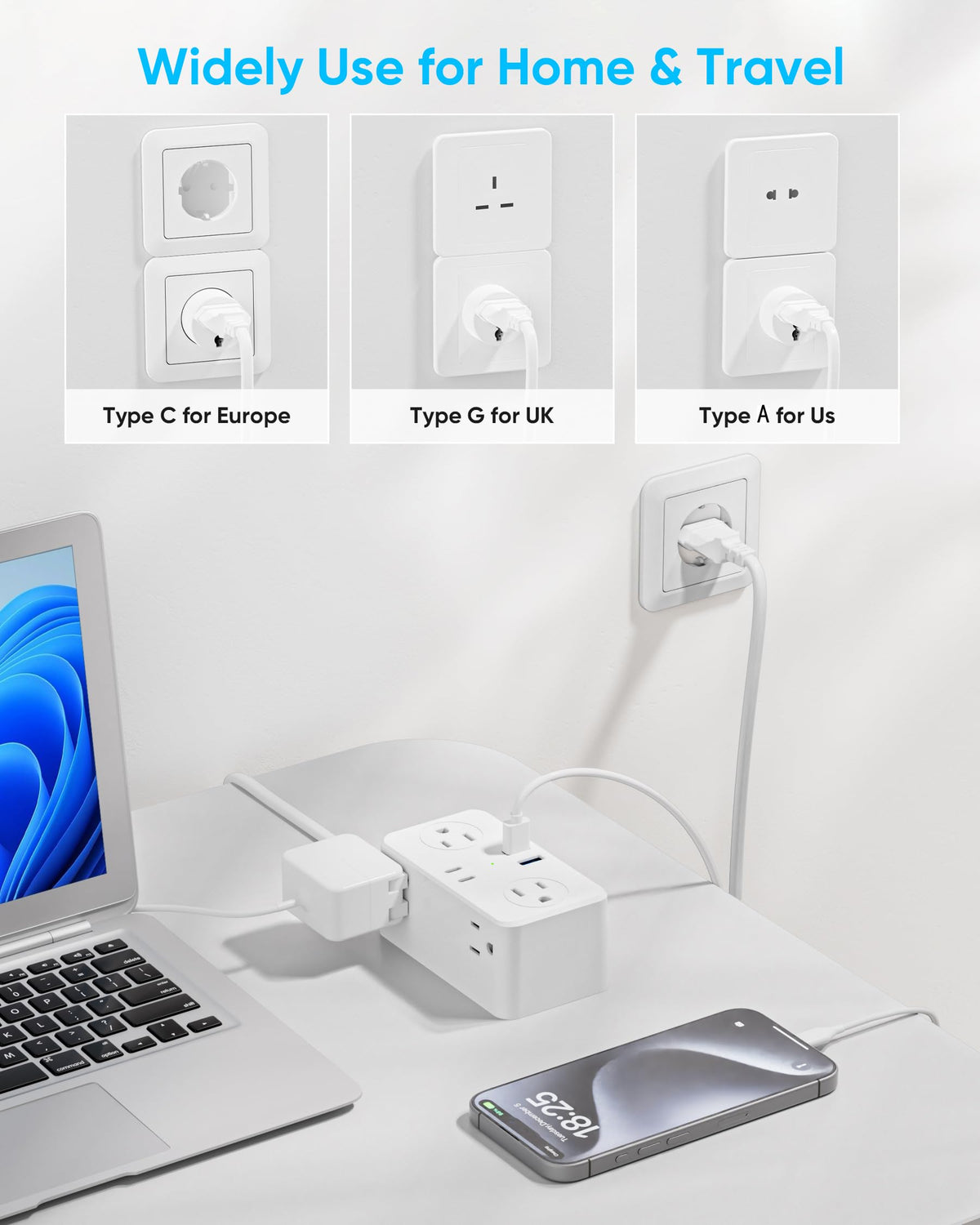 Kakyanill European Travel Plug Adapter, EU/UK/US Travel Plug Adapter Power Strip, 6 AC Outlets, 4 USB Ports (2 USB C), 3ft Wrapped Around Extension Cord, Universal Travel Adapter