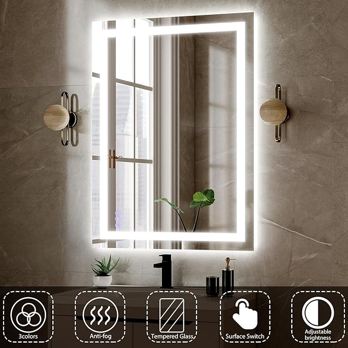 VooBang Bathroom Mirror with Lights 40 x 60 inches - 3 Adjustable Lighting Modes LED Bathroom Vanity Mirror, Anti-Fog, Memory Function, Tempered Glass, Wall Mounted Horizontally Vertically