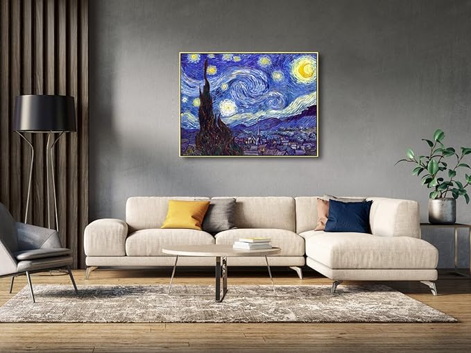 Wieco Art Large Framed Art Giclee Canvas Prints of Starry Night by Vincent Van Gogh Paintings Reproduction Post-Impressionism Artwork for Living Room Home Bedroom Decorations, 40x30inch (Framed)