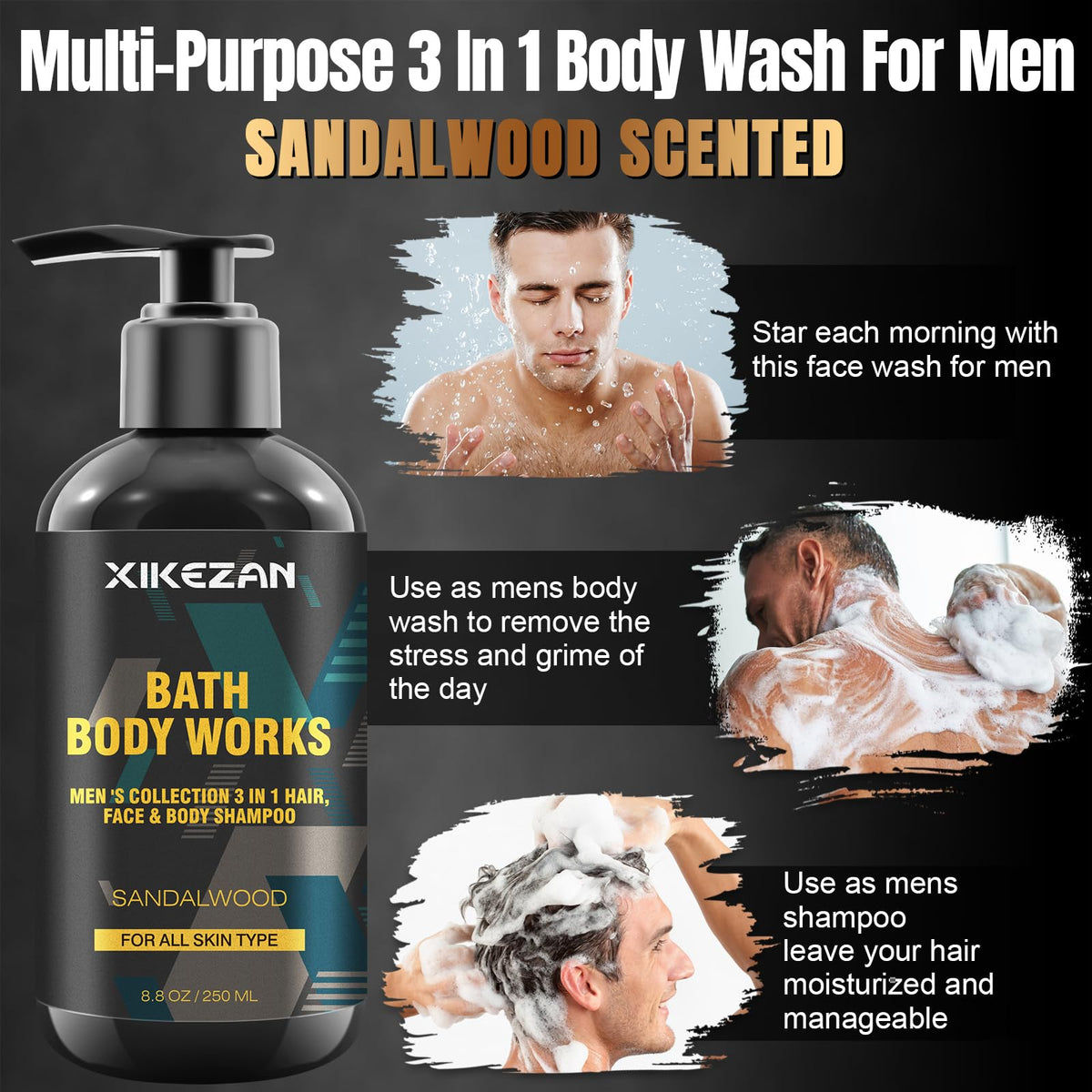 Gifts for Men,Mens Body Wash Gift Set Cleansing & Hydrating Skin w/Face Wash,Deodorant,Sandalwood & Cologne 3 in 1 Hair,Face & Body Wash,Mens Stocking Stuffers Christmas Gifts for Men Him Dad Husband