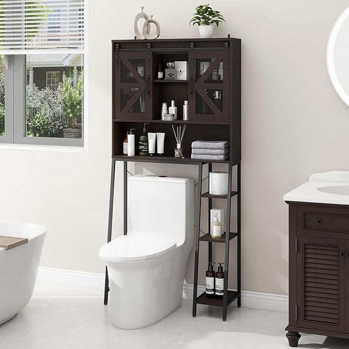 Over The Toilet Storage Cabinet, Farmhouse Storage Cabinet Over Toilet with Sliding Barn Door，Home Space-Saving Toilet Rack, for Bathroom, Restroom, Laundry(Espresso)