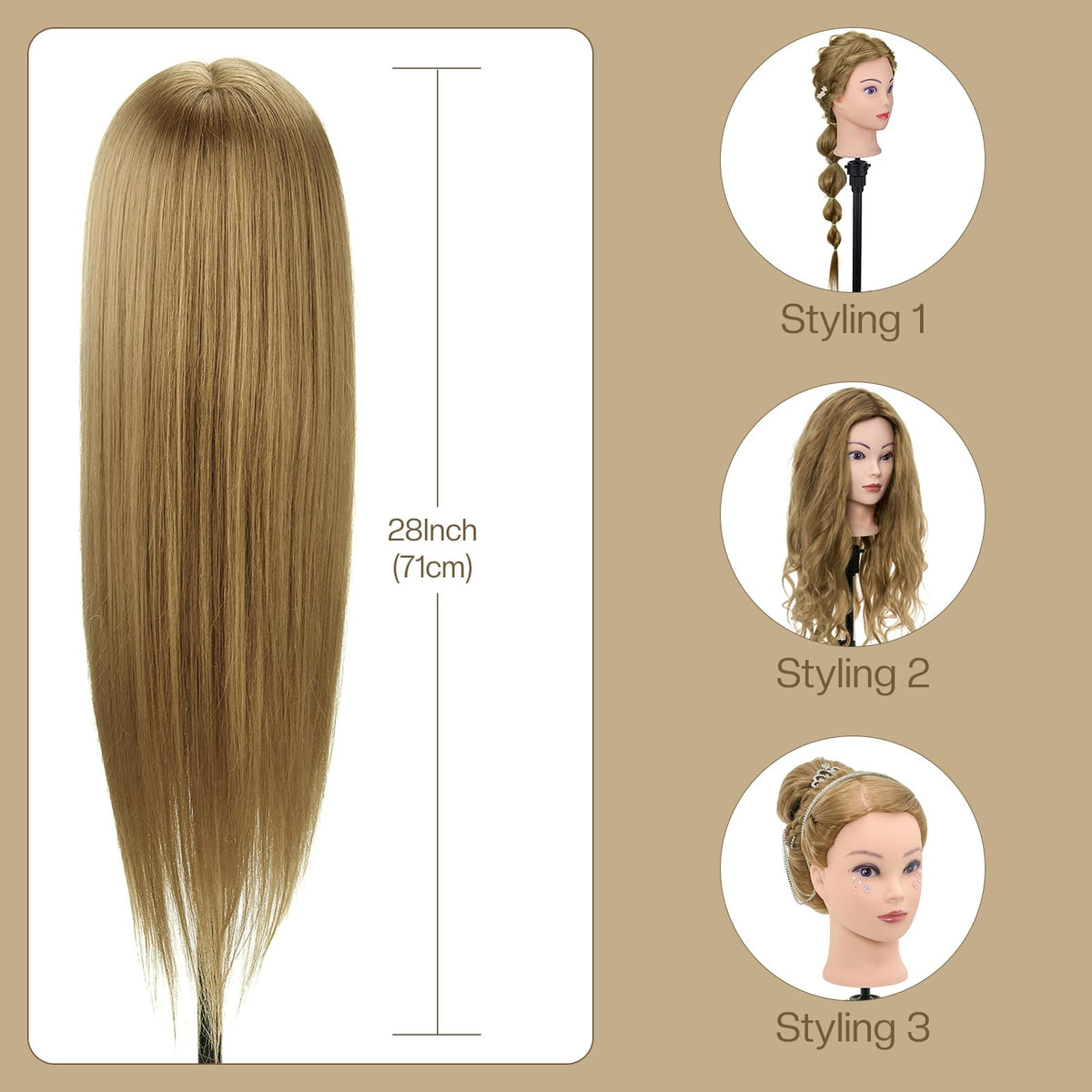 28 Inch Mannequin Head 80% Human Hair with Tripod Stand,Mannequin Cosmetology Manikin Practice Doll Head with stand,Braiding Hairdressing Head for Hair Styling with Table Clamp + DIY Hair Styling Set